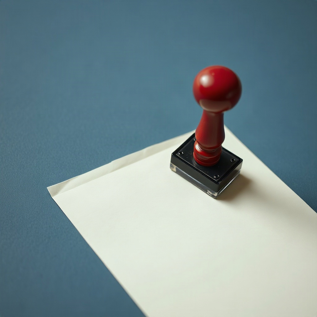 Red rubber stamp and ink pad on pale paper
