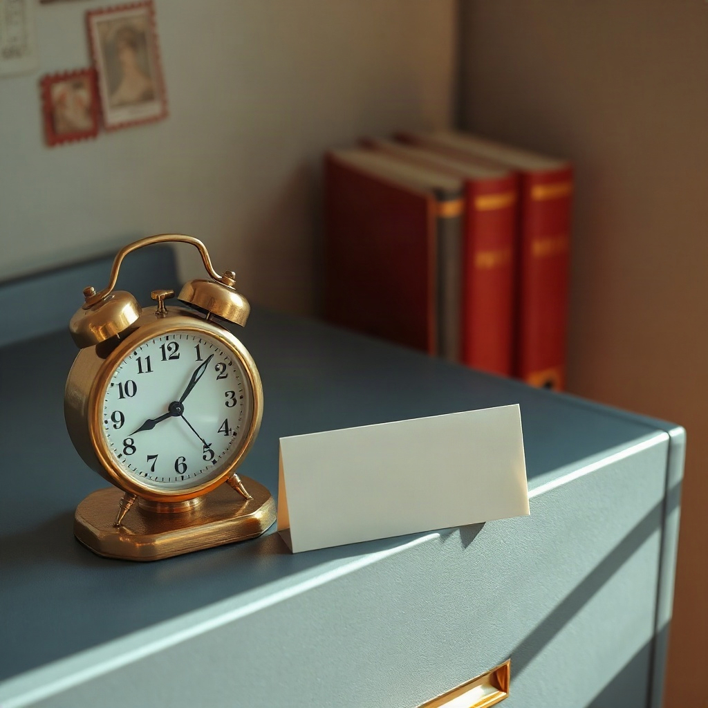 Brass clock and a folded card on a filing cabinet