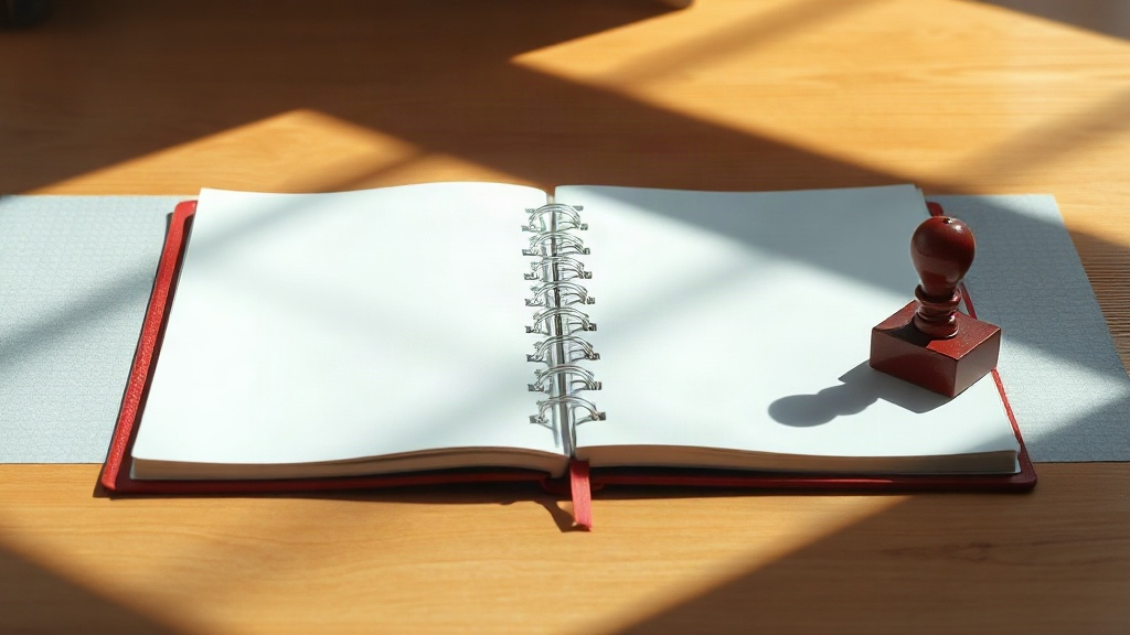 A quiet filing desk with a red stamp and an open ledger