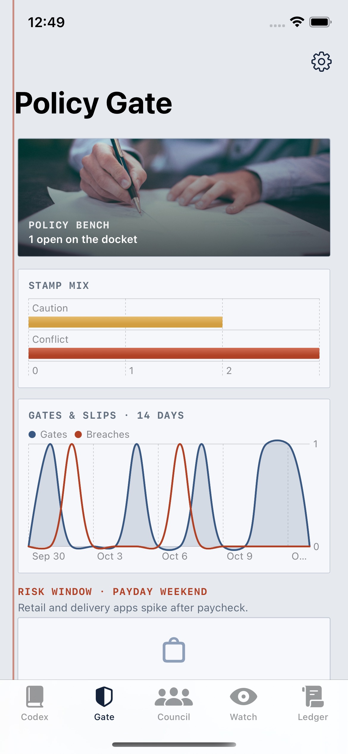 Policy Gate screen with caution and conflict stamps