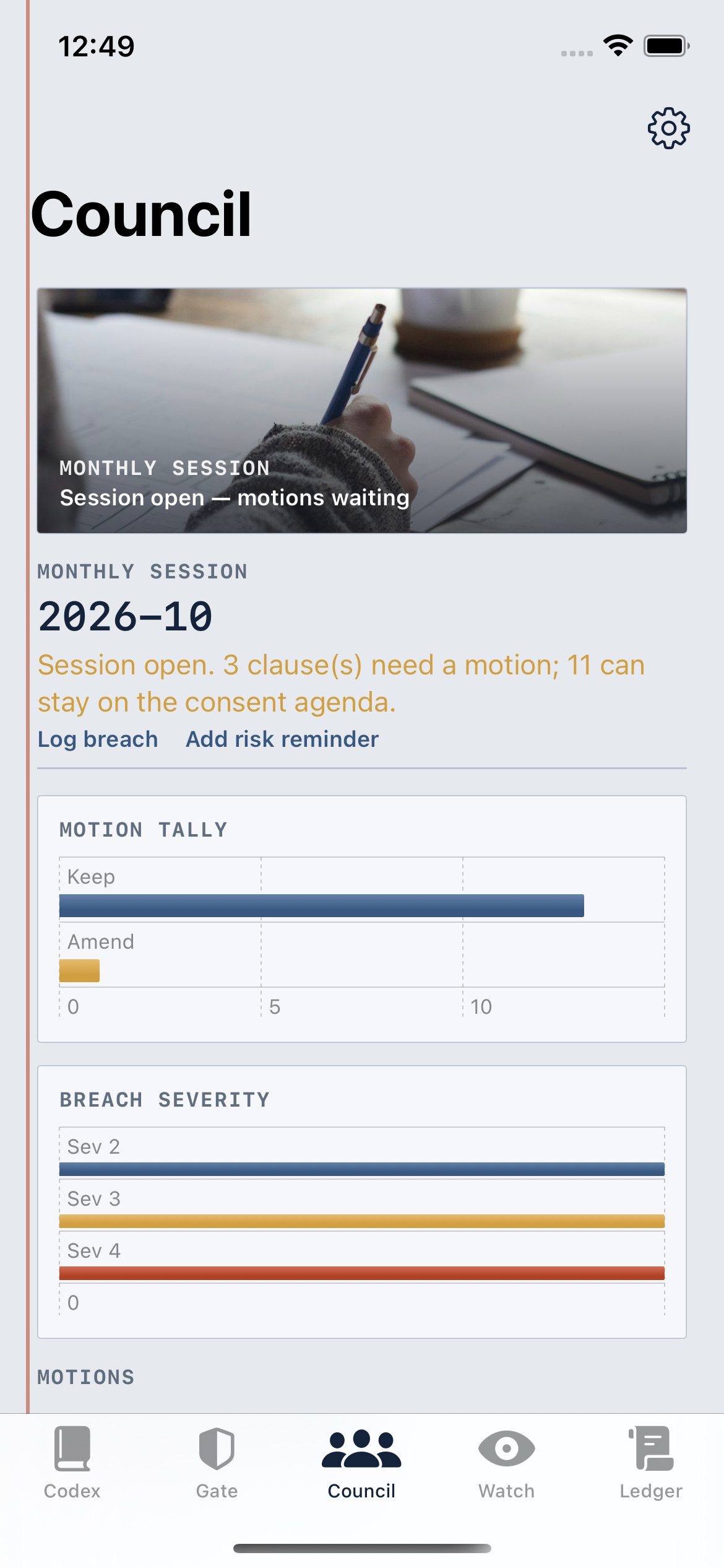 Council screen for the October session